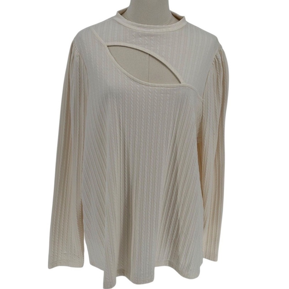 COMO BLU Women's‎ 1X Cream Ribbed Cutout Mock Neck Long Sleeve Top Shirt